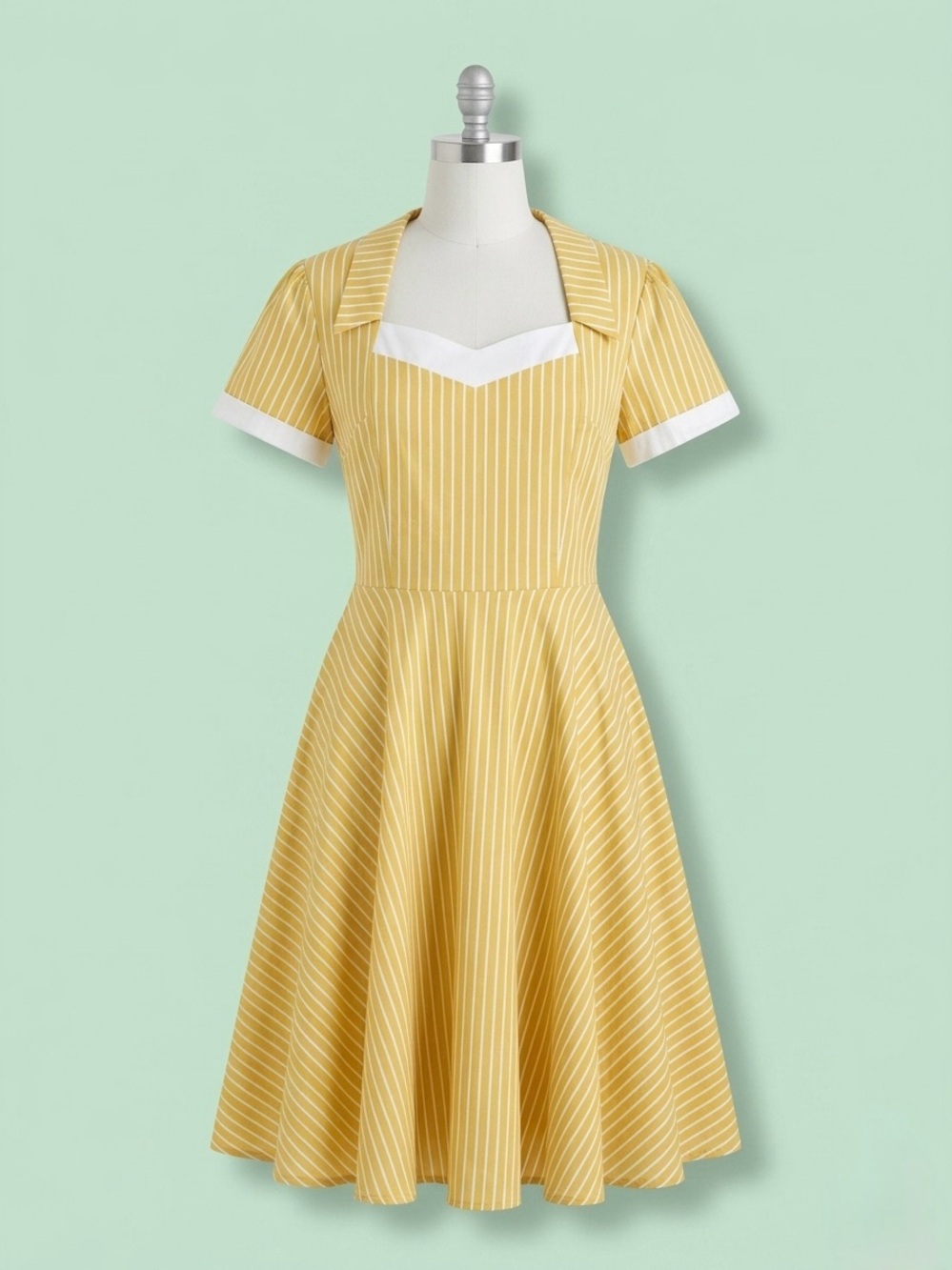 Yellow Striped Retro Midi Dress with White Trim